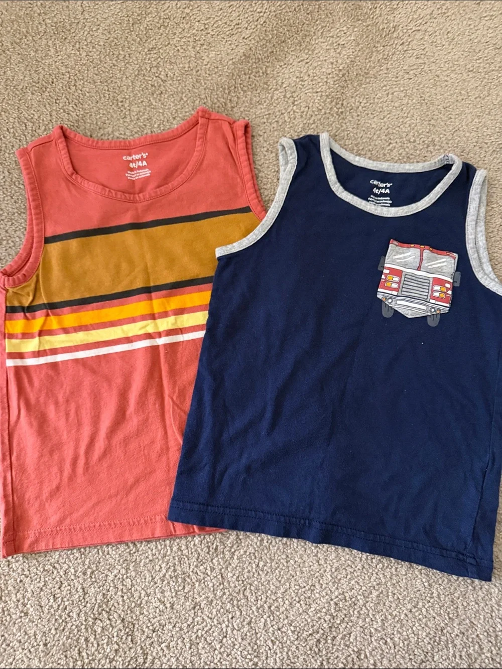 Carter's Navy Tank with Fire Truck Patch & Coral Stripe Tank Set